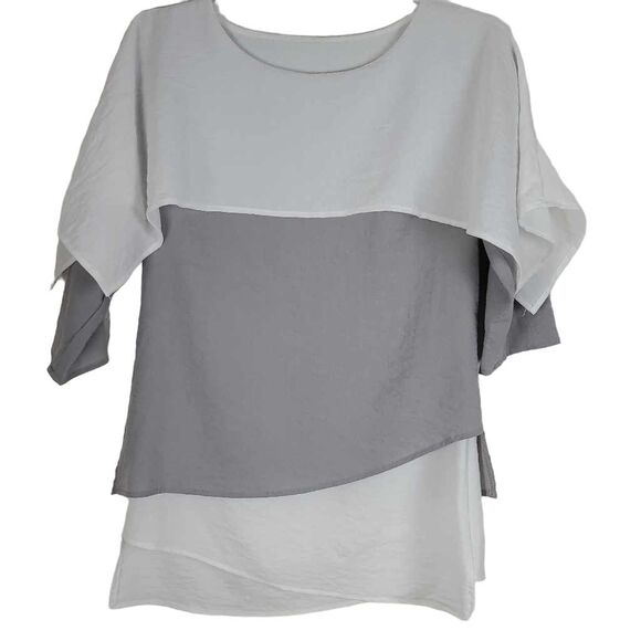 Linen Top Smocked Collar Blouse.  Neutral color. Size Medium - Picture 7 of 10